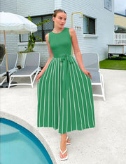 ZESICA Women's Summer Sleeveless Midi Dress 2025 Crewneck Ribbed Knit Tie Waist Casual A Line Swing Dresses