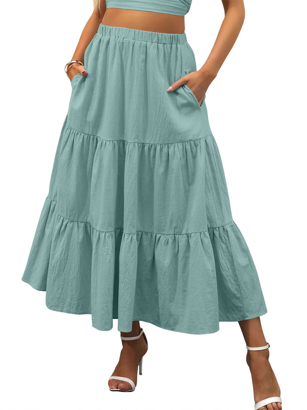 ANRABESS Women’s Summer Boho Flowy Swing Tiered A-Line Maxi Skirt 2025 Fashion Trendy Elastic Waist Pleated Long Beach Dress