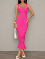ZESICA Women's Summer Bodycon Midi Dress Sleeveless Square Neck Slim Fit Back Slit Long Cocktail Party Dresses