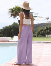 Faleave Women's Cotton Linen Summer Palazzo Pants Flowy Wide Leg Beach Trousers with Pockets