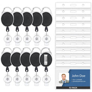 Will Well ID Badge Holders with Clip and Keyring - Horizontal Clear Plastic 2.52" x 3.58" Sleeves Fit Up to 3 Cards - Retractable 24" UHMWPE Fiber Pull Cords for Easy Access - 2-Pack, Black Reels