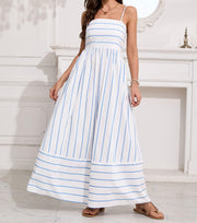chouyatou Women's Striped Back Smocked Maxi Dress Sexy Spaghetti Strap Cut Out Flowy Swing Long Dress (Small, Apricot)