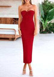 PRETTYGARDEN Women's Bodycon Long Dresses Summer Strapless Tube Twist Knot Front Ribbed Knit Maxi Cocktail Dress with Slit