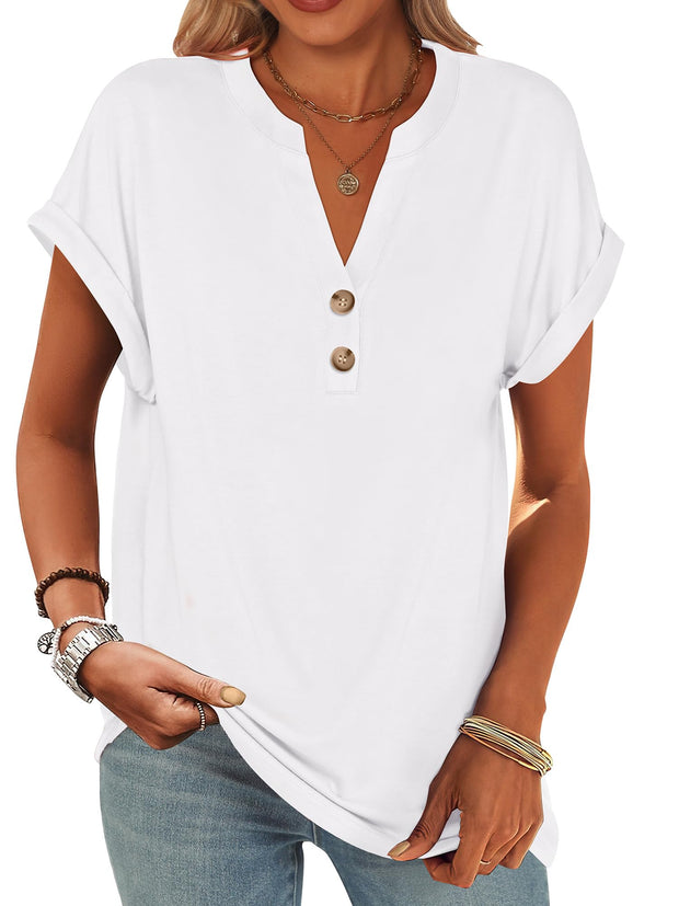 ANRABESS Womens Short Sleeve Henley Tops V Neck Dressy Casual Loose Fit Shirts Summer Flowy Blouses 2025 Trendy Clothes