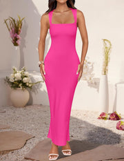 ZESICA Women's Summer Bodycon Midi Dress Sleeveless Square Neck Slim Fit Back Slit Long Cocktail Party Dresses