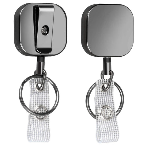 Will Well ID Badge Holder Reel with Clip and Keyring - Heavy-Duty All-Metal Casing with 27.5" UHMWPE Fiber Pull Cord for Durability and Easy Access, Holds up to 8 Keys - 2-Pack, Round, Glossy Black