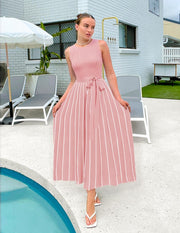 ZESICA Women's Summer Sleeveless Midi Dress 2025 Crewneck Ribbed Knit Tie Waist Casual A Line Swing Dresses