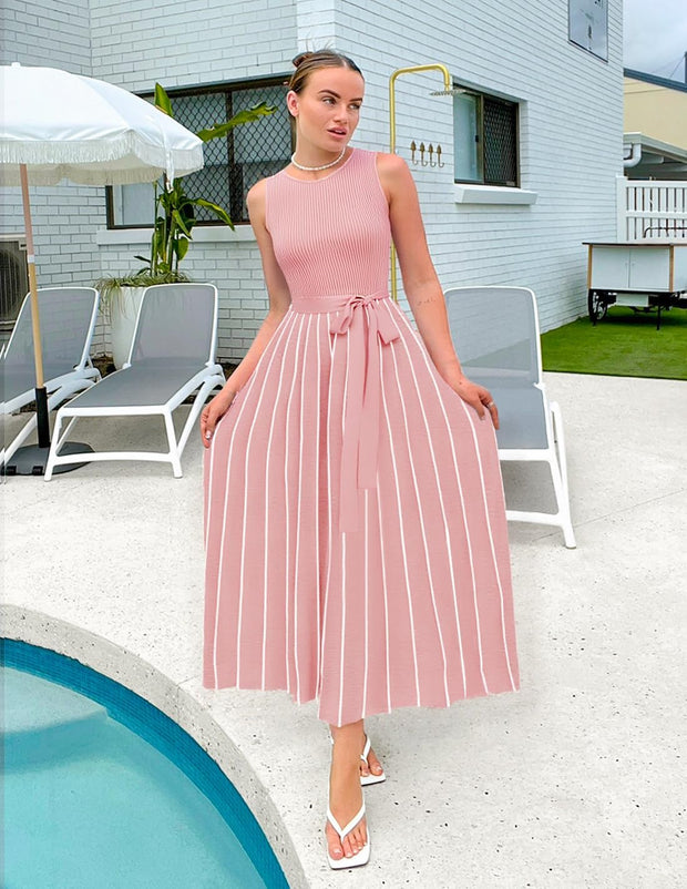 ZESICA Women's Summer Sleeveless Midi Dress 2025 Crewneck Ribbed Knit Tie Waist Casual A Line Swing Dresses