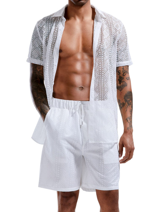 LecGee Men Summer Casual Short Sets Lace Short Sleeve Button Down Shirt Elastic Waist Shorts 2 Piece Outfits Tracksuit