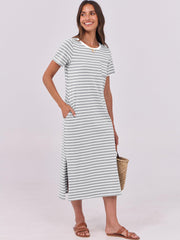 ANRABESS Womens Summer Casual Midi Dress Short Sleeve Crewneck T Shirt Long Dresses Split Stripe Beach Vacation Travel Outfit Small