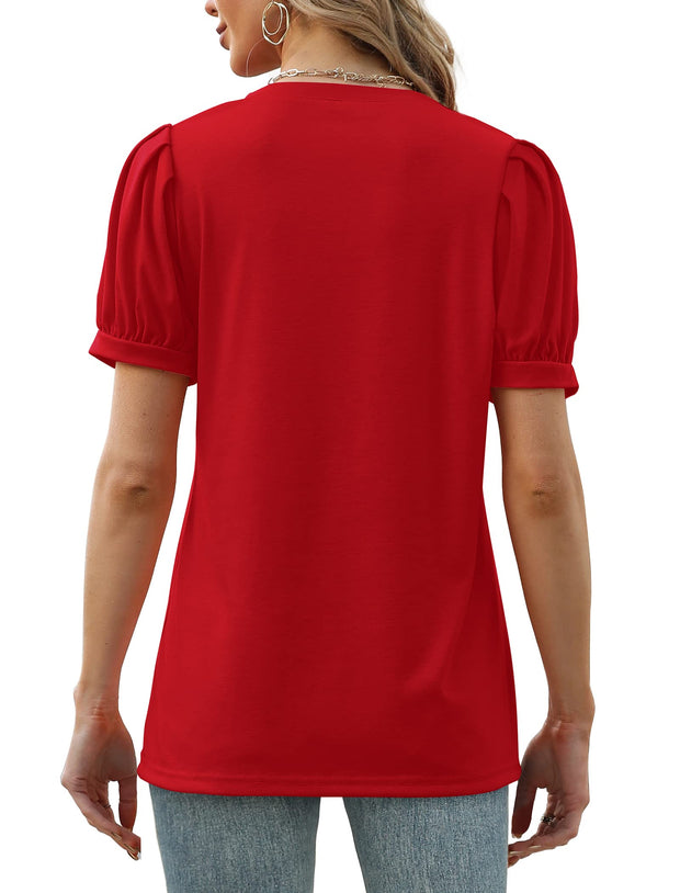 Geifa Womens Summer Tops Puff Short Sleeve V Neck T Shirts Loose Casual Tshirts