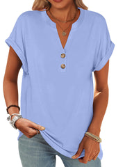 ANRABESS Womens Short Sleeve Henley Tops V Neck Dressy Casual Loose Fit Shirts Summer Flowy Blouses 2025 Trendy Clothes