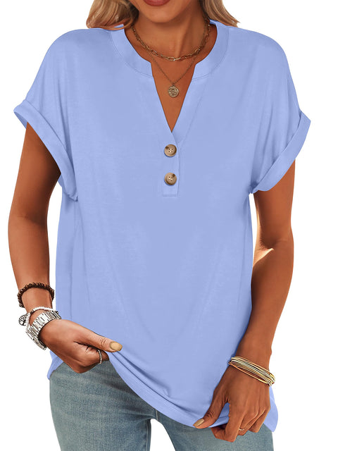 ANRABESS Womens Short Sleeve Henley Tops V Neck Dressy Casual Loose Fit Shirts Summer Flowy Blouses 2025 Trendy Clothes