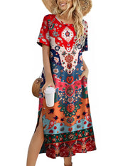 Zeagoo Women Long Sun Dress Summer T Shirt Dresses Beach Dress Casual Short Sleeve Tropical O Neck A Line Maxi Dresses Loose Side Slit Cover Up with Pockets 2025 Black XXL