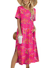 Zeagoo Women Long Sun Dress Summer T Shirt Dresses Beach Dress Casual Short Sleeve Tropical O Neck A Line Maxi Dresses Loose Side Slit Cover Up with Pockets 2025 Black XXL