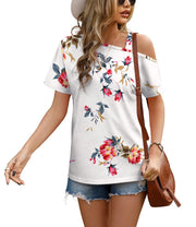 JINKESI Women's Short Sleeve Tunic Tops Casual Summer Cold Shoulder Blouse Shirts