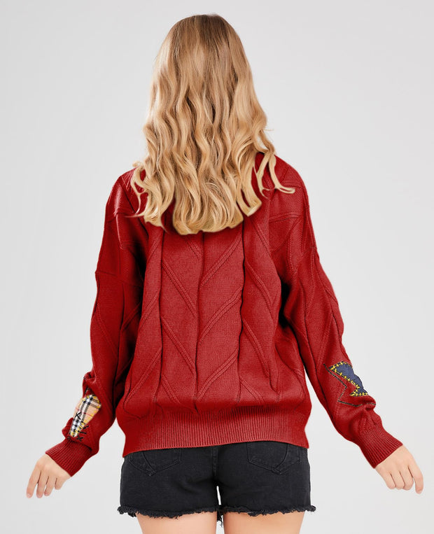 Women's Cable Knit Long Sleeve Open Front Cardigan Sheep V-Neck Button Down Embroidery Wool Blend Sweater Coat Outwear