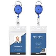 Will Well ID Badge Holders with Clip and Keyring - Horizontal Clear Plastic 2.52" x 3.58" Sleeves Fit Up to 3 Cards - Retractable 24" UHMWPE Fiber Pull Cords for Easy Access - 2-Pack, Black Reels