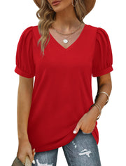 Geifa Womens Summer Tops Puff Short Sleeve V Neck T Shirts Loose Casual Tshirts