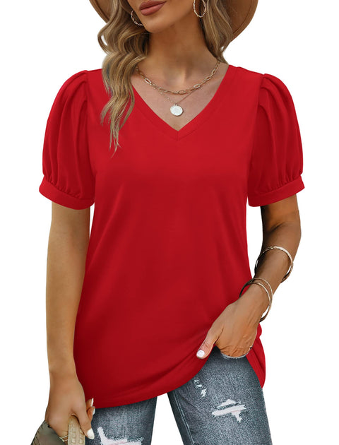 Geifa Womens Summer Tops Puff Short Sleeve V Neck T Shirts Loose Casual Tshirts