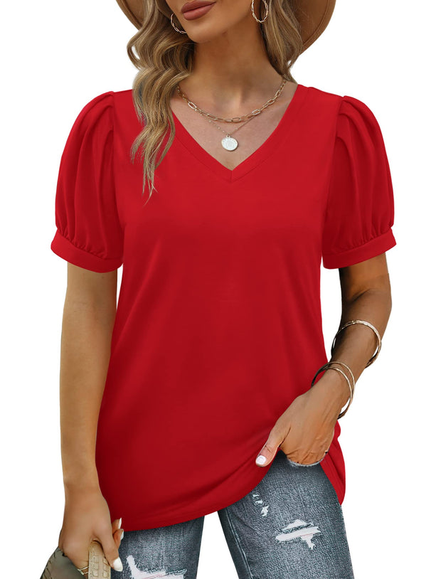 Geifa Womens Summer Tops Puff Short Sleeve V Neck T Shirts Loose Casual Tshirts