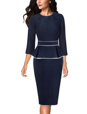 VFSHOW Womens Pleated Crew Neck Peplum Work Business Office Bodycon Pencil Sheath Dress