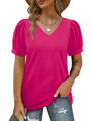 Geifa Womens Summer Tops Puff Short Sleeve V Neck T Shirts Loose Casual Tshirts