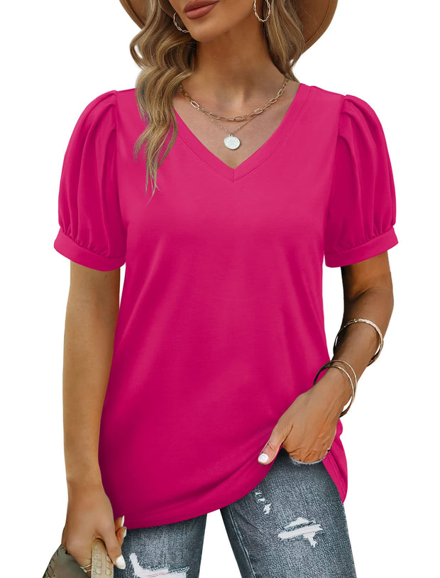 Geifa Womens Summer Tops Puff Short Sleeve V Neck T Shirts Loose Casual Tshirts