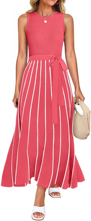 ZESICA Women's Summer Sleeveless Midi Dress 2025 Crewneck Ribbed Knit Tie Waist Casual A Line Swing Dresses