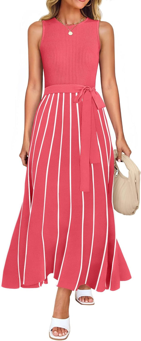 ZESICA Women's Summer Sleeveless Midi Dress 2025 Crewneck Ribbed Knit Tie Waist Casual A Line Swing Dresses