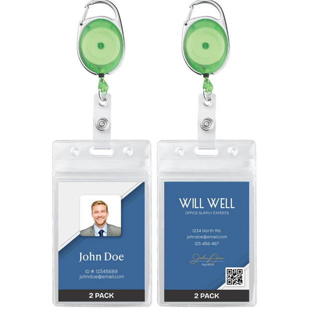 Will Well ID Badge Holders with Clip and Keyring - Horizontal Clear Plastic 2.52" x 3.58" Sleeves Fit Up to 3 Cards - Retractable 24" UHMWPE Fiber Pull Cords for Easy Access - 2-Pack, Black Reels
