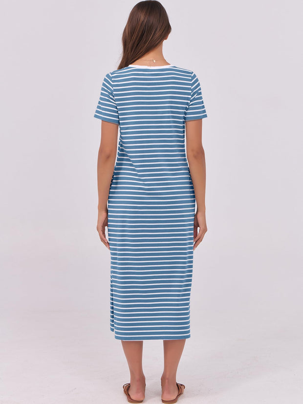 ANRABESS Womens Summer Casual Midi Dress Short Sleeve Crewneck T Shirt Long Dresses Split Stripe Beach Vacation Travel Outfit Small