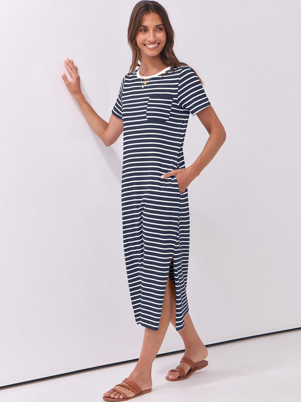 ANRABESS Womens Summer Casual Midi Dress Short Sleeve Crewneck T Shirt Long Dresses Split Stripe Beach Vacation Travel Outfit Small