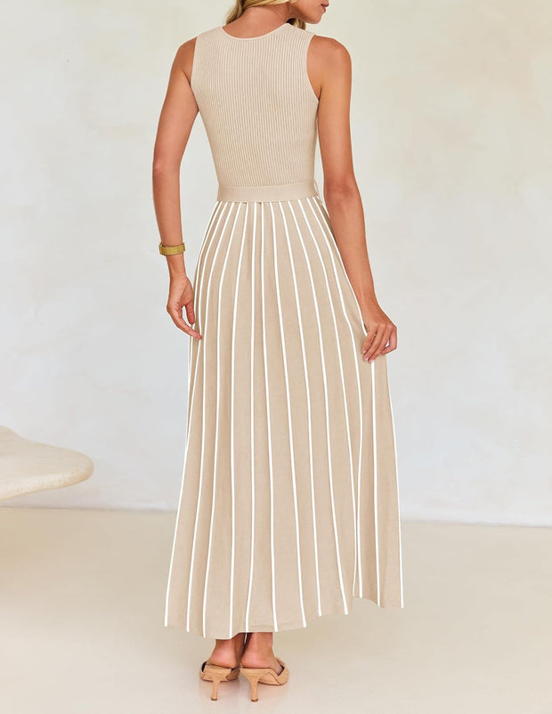 ZESICA Women's Summer Sleeveless Midi Dress 2025 Crewneck Ribbed Knit Tie Waist Casual A Line Swing Dresses