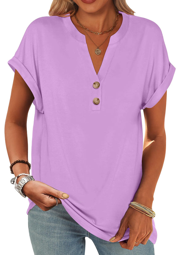 ANRABESS Womens Short Sleeve Henley Tops V Neck Dressy Casual Loose Fit Shirts Summer Flowy Blouses 2025 Trendy Clothes