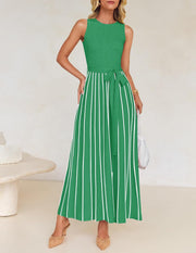 ZESICA Women's Summer Sleeveless Midi Dress 2025 Crewneck Ribbed Knit Tie Waist Casual A Line Swing Dresses