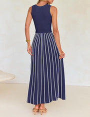 ZESICA Women's Summer Sleeveless Midi Dress 2025 Crewneck Ribbed Knit Tie Waist Casual A Line Swing Dresses