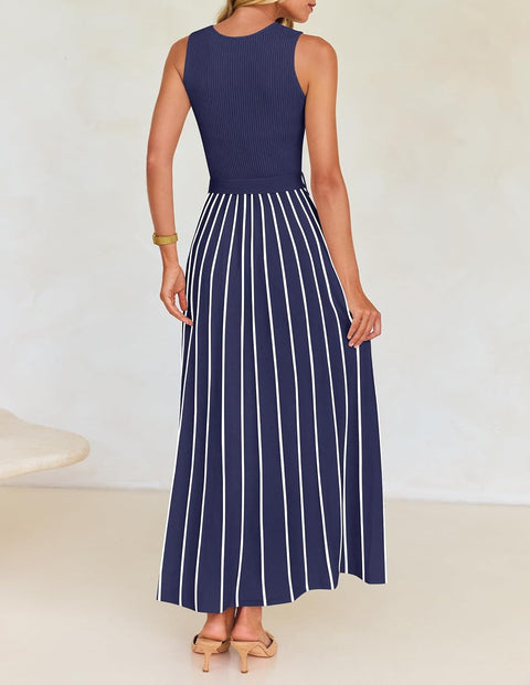 ZESICA Women's Summer Sleeveless Midi Dress 2025 Crewneck Ribbed Knit Tie Waist Casual A Line Swing Dresses