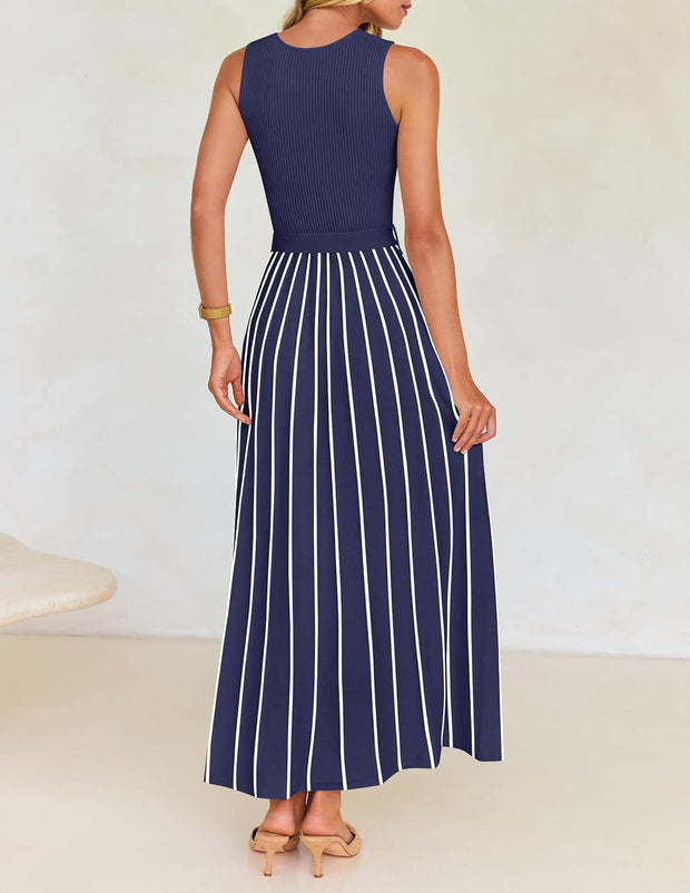 ZESICA Women's Summer Sleeveless Midi Dress 2025 Crewneck Ribbed Knit Tie Waist Casual A Line Swing Dresses