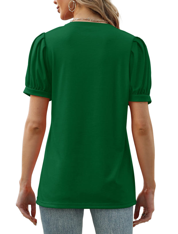 Geifa Womens Summer Tops Puff Short Sleeve V Neck T Shirts Loose Casual Tshirts