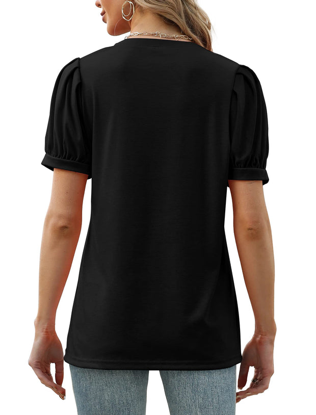 Geifa Womens Summer Tops Puff Short Sleeve V Neck T Shirts Loose Casual Tshirts