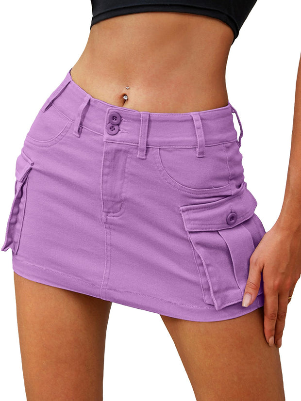 ELLEVEN High Stretchy Cargo Skirt for Women, Low Waist Y2k Mini Skirt Cute Denim Skirt with Pockets