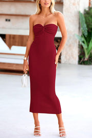 PRETTYGARDEN Women's Bodycon Long Dresses Summer Strapless Tube Twist Knot Front Ribbed Knit Maxi Cocktail Dress with Slit