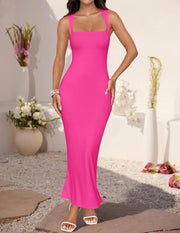 ZESICA Women's Summer Bodycon Midi Dress Sleeveless Square Neck Slim Fit Back Slit Long Cocktail Party Dresses