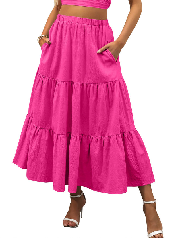 ANRABESS Women’s Summer Boho Flowy Swing Tiered A-Line Maxi Skirt 2025 Fashion Trendy Elastic Waist Pleated Long Beach Dress