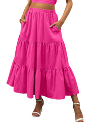ANRABESS Women’s Summer Boho Flowy Swing Tiered A-Line Maxi Skirt 2025 Fashion Trendy Elastic Waist Pleated Long Beach Dress