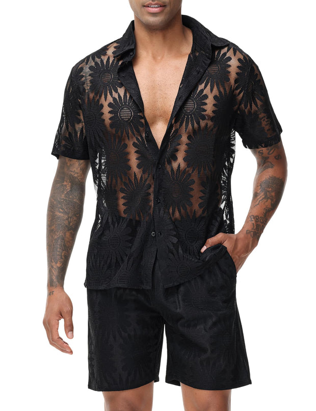 LecGee Men Summer Casual Short Sets Lace Short Sleeve Button Down Shirt Elastic Waist Shorts 2 Piece Outfits Tracksuit