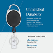 Will Well ID Badge Holders with Clip and Keyring - Horizontal Clear Plastic 2.52" x 3.58" Sleeves Fit Up to 3 Cards - Retractable 24" UHMWPE Fiber Pull Cords for Easy Access - 2-Pack, Black Reels