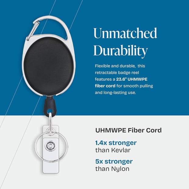Will Well ID Badge Holders with Clip and Keyring - Horizontal Clear Plastic 2.52" x 3.58" Sleeves Fit Up to 3 Cards - Retractable 24" UHMWPE Fiber Pull Cords for Easy Access - 2-Pack, Black Reels