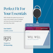 Will Well ID Badge Holders with Clip and Keyring - Horizontal Clear Plastic 2.52" x 3.58" Sleeves Fit Up to 3 Cards - Retractable 24" UHMWPE Fiber Pull Cords for Easy Access - 2-Pack, Black Reels